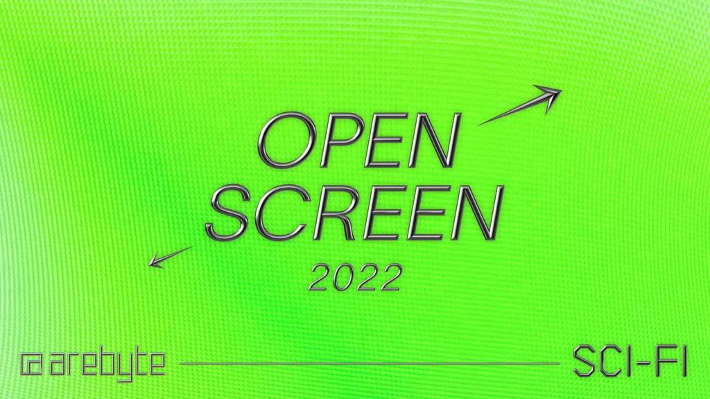 Open screen logo image for 2022 theme Sci-fi. The image shows a bright green background with three-dimensional texzt in shiny silver, with two arrows pointing to either side of the image.