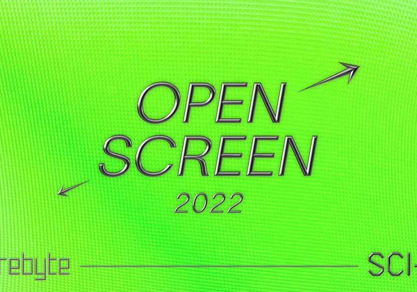 Open screen logo image for 2022 theme Sci-fi. The image shows a bright green background with three-dimensional texzt in shiny silver, with two arrows pointing to either side of the image.