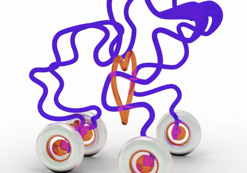 Image by artist Natalee Decker. views of a CG fantasy rollator walker of curvy blue lines, red heart details in the centre, and 4 silvery wheels with pink and orange middles..