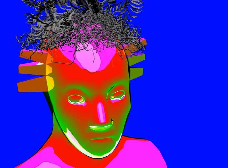 Image of artworks by artist Milad Forouzandeh. The image shows a human bust with bright pink, red and green colours. The face has neon green outlines for the eyes, nose and mouth. The head has an assemblage of leaves that are grey in colour on top of their head.