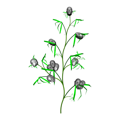 Animated gif image of artworks by artist Milad Forouzandeh. the gif shows a stem with bright green leaves and small grey human heads on each branch. The object is rotating.