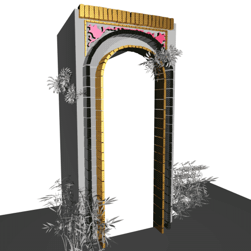 Animated gif image of artworks by artist Milad Forouzandeh. The gif shows an archway with gold and pink embellishments. At the bottom of the arch are weeds that bob up and down.