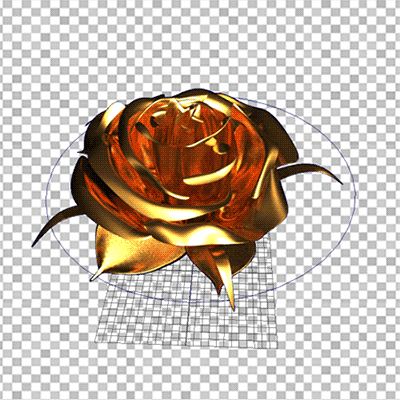 Animated gif image of artworks by artist Milad Forouzandeh. The gif shows a rotating rose that flashes in and out of being golden in colour, and having a blue grid texture.