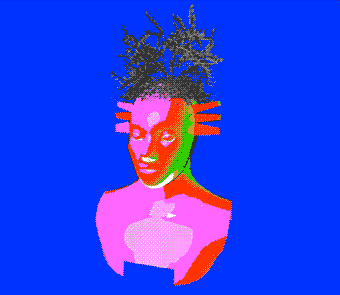 Animated gif image of artworks by artist Milad Forouzandeh. The gif shows a human bust that is bright pink with red edges and a green stripe down the left hand side of the face. The head has leaves growing from its head and is glitching from left to right,