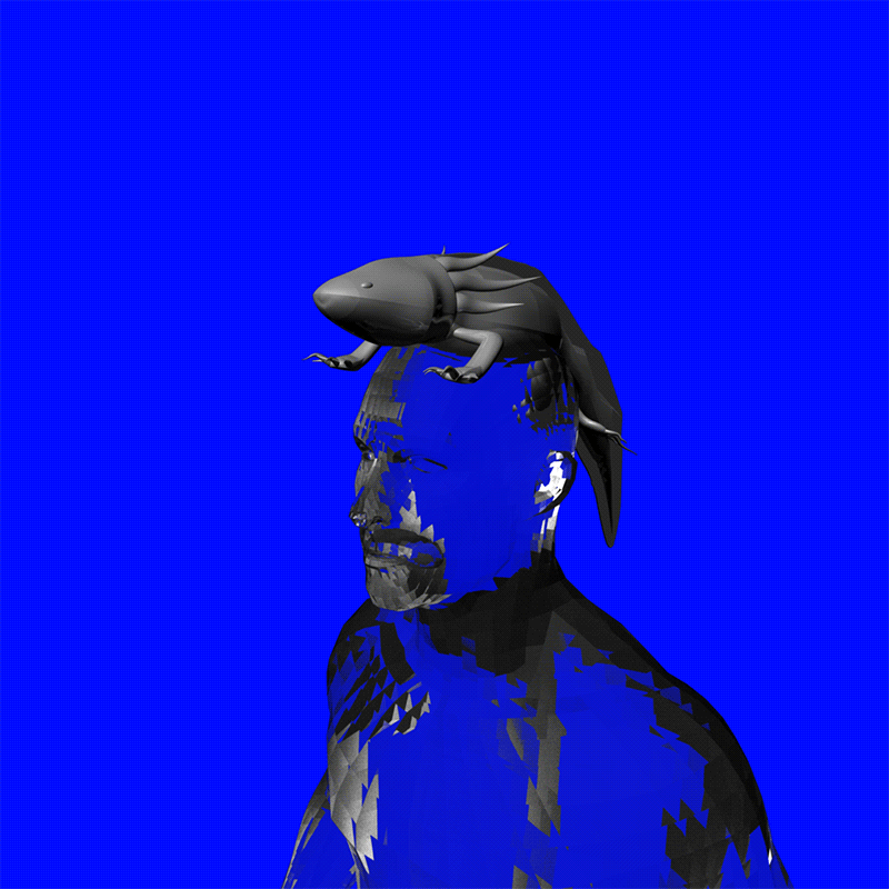 Animated gif image of artworks by artist Milad Forouzandeh. The gif shows text in a circle around the centreal human figure. The figure is see-through on a deep blue background, and has an Axiotl sat upon its head.