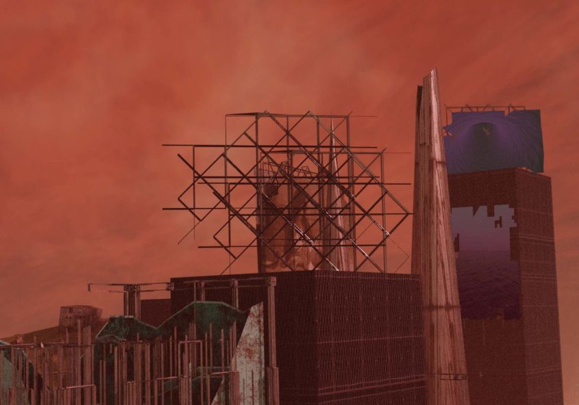 Billboard image by MH Sarkis. Billboard image by MH Sarkis. The image shows a red sky with buildings in the foreground and background. At the centre of an image is an empty billboard frame.