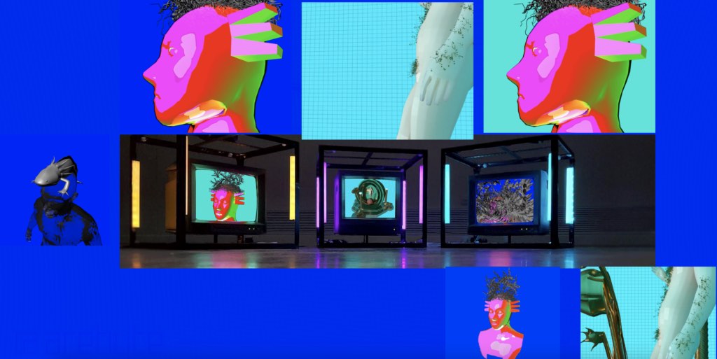 Image of artworks by artist Milad Forouzandeh. the image shows a collage on a deep blue background with three cube tvs in the centre, and parts of a white human body, close ups of a bright pink, red and green face, and a brightly coloured bust collaged around it.